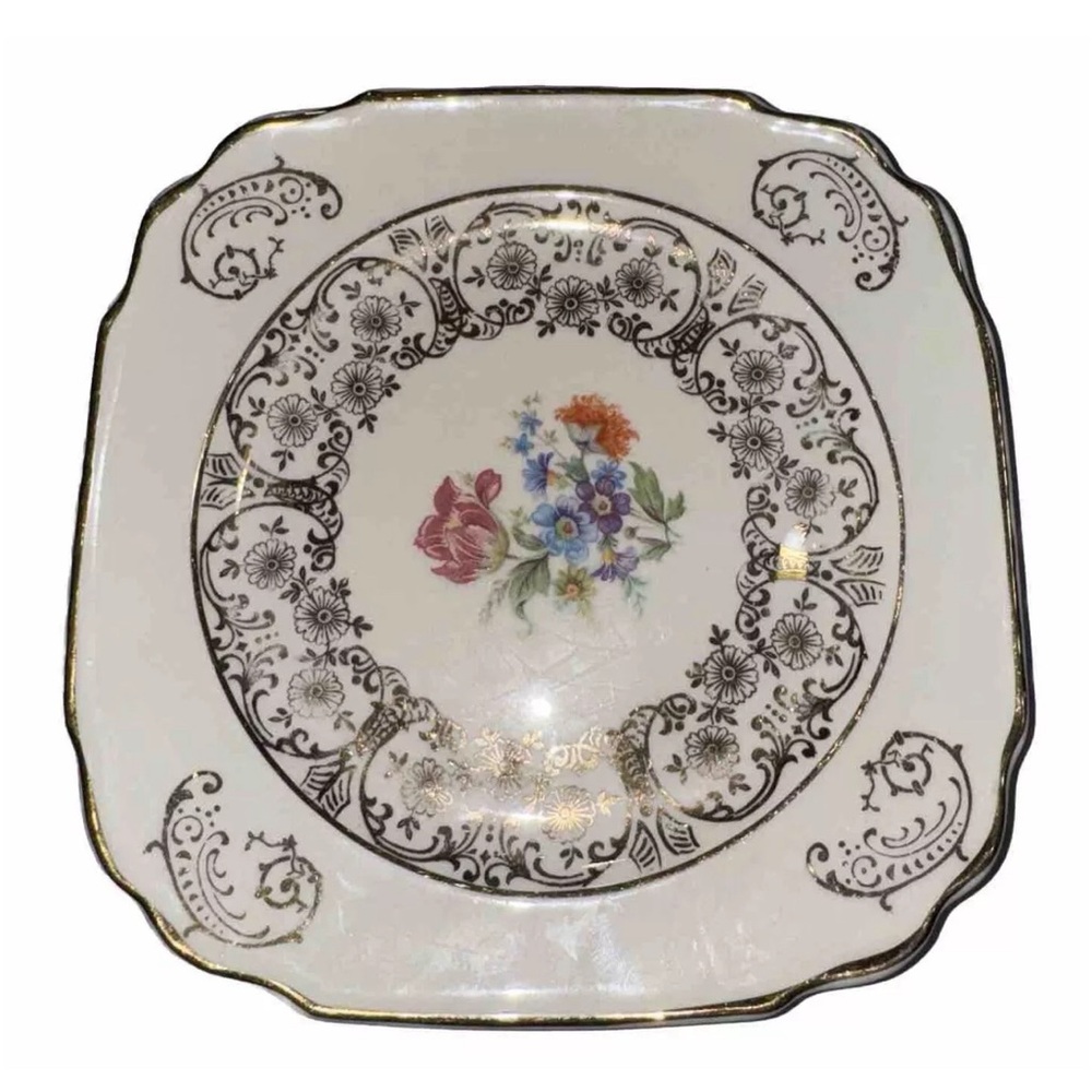 Harker Pottery Co Square Floral Design Dessert Plates Set Of 6 22KT Gold Trim